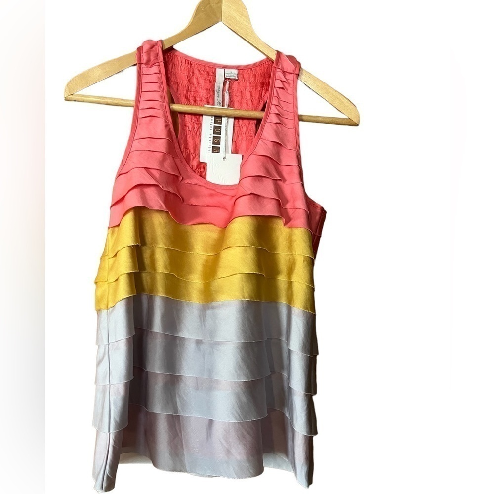 Aryn K Ruffled Color Block Silk-Like Racer Back Tank Top